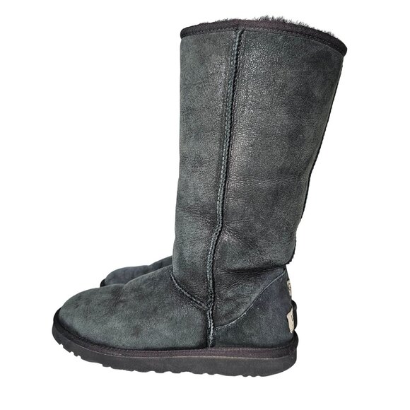 UGG Australia Classic Tall Black Suede Sheepskin Boots‎ Faded Womens Size 8 - Picture 6 of 12